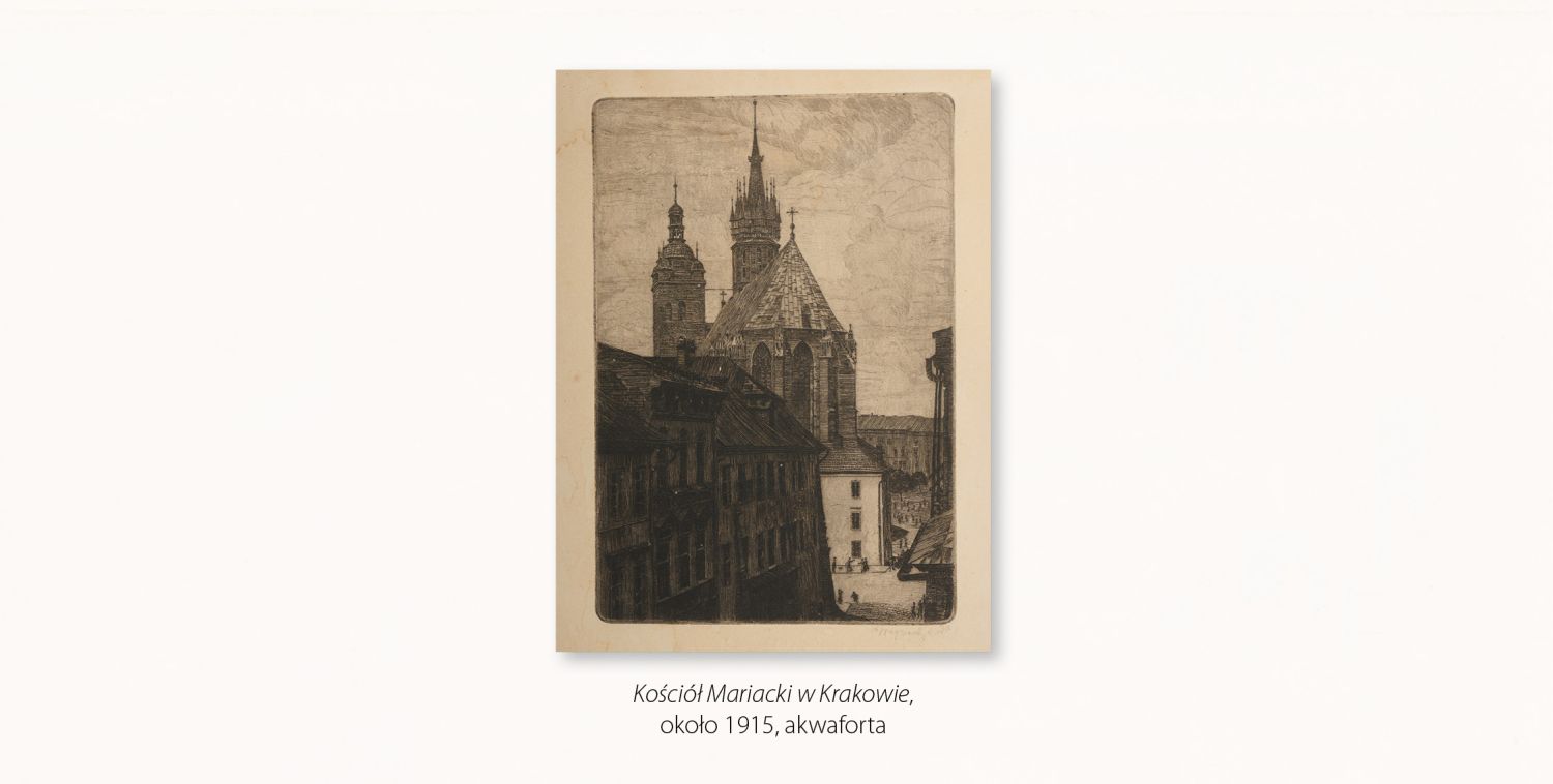 Jan Wojnarsk, Kościół Mariacki w Krakowie – przedstawia widok na kościół Mariacki od strony prezbiterium, na pierwszym planie po lewej stronie rząd wysokich kamienic usytuowanych przy ullicy Mikołajskiej